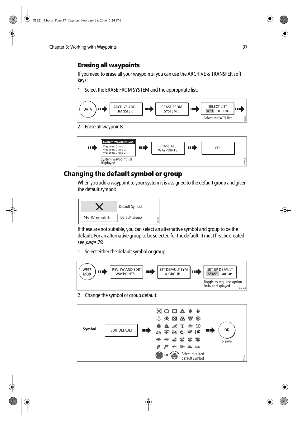 Changing the default symbol or group, Erasing all waypoints, Page 39 | Erase all waypoints, Select either the default symbol or group, Change the symbol or group default | Raymarine C Series User Manual | Page 51 / 244