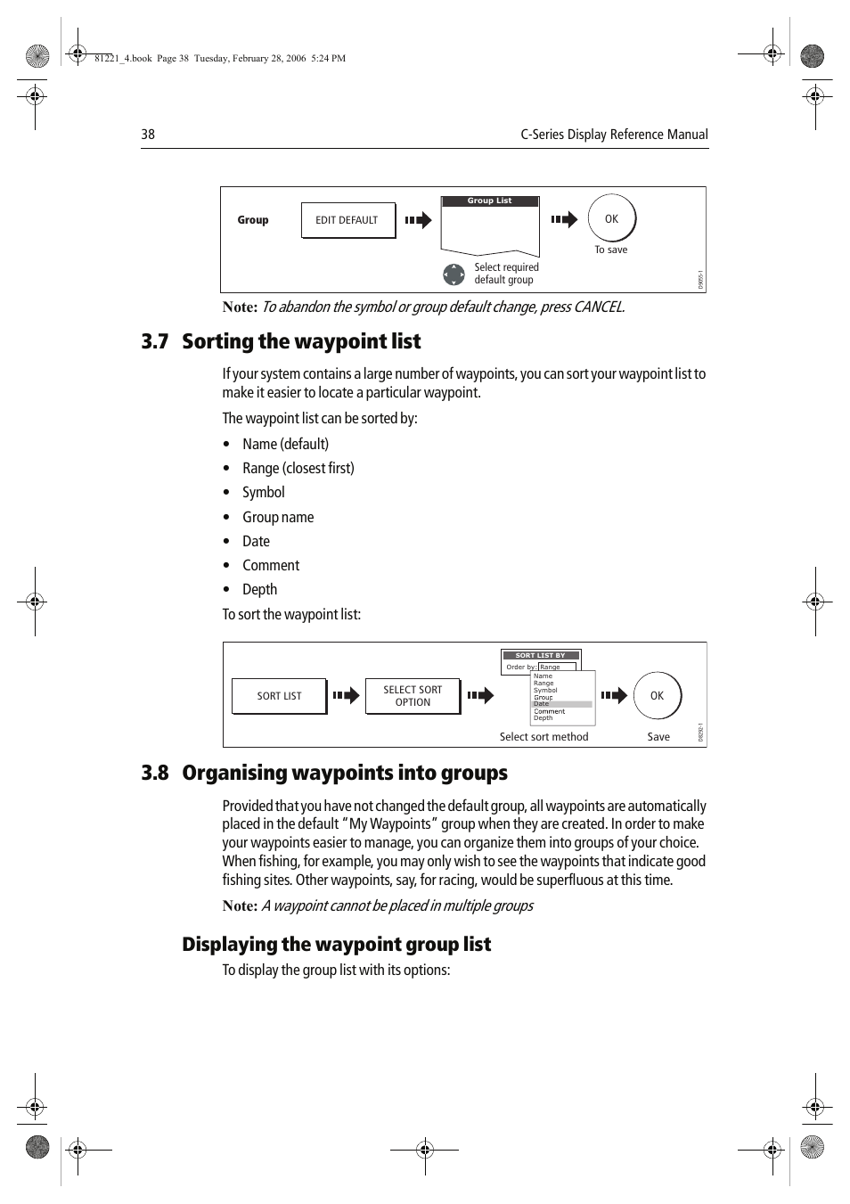 7 sorting the waypoint list, 8 organising waypoints into groups, Displaying the waypoint group list | A waypoint cannot be placed in multiple groups | Raymarine C Series User Manual | Page 52 / 244