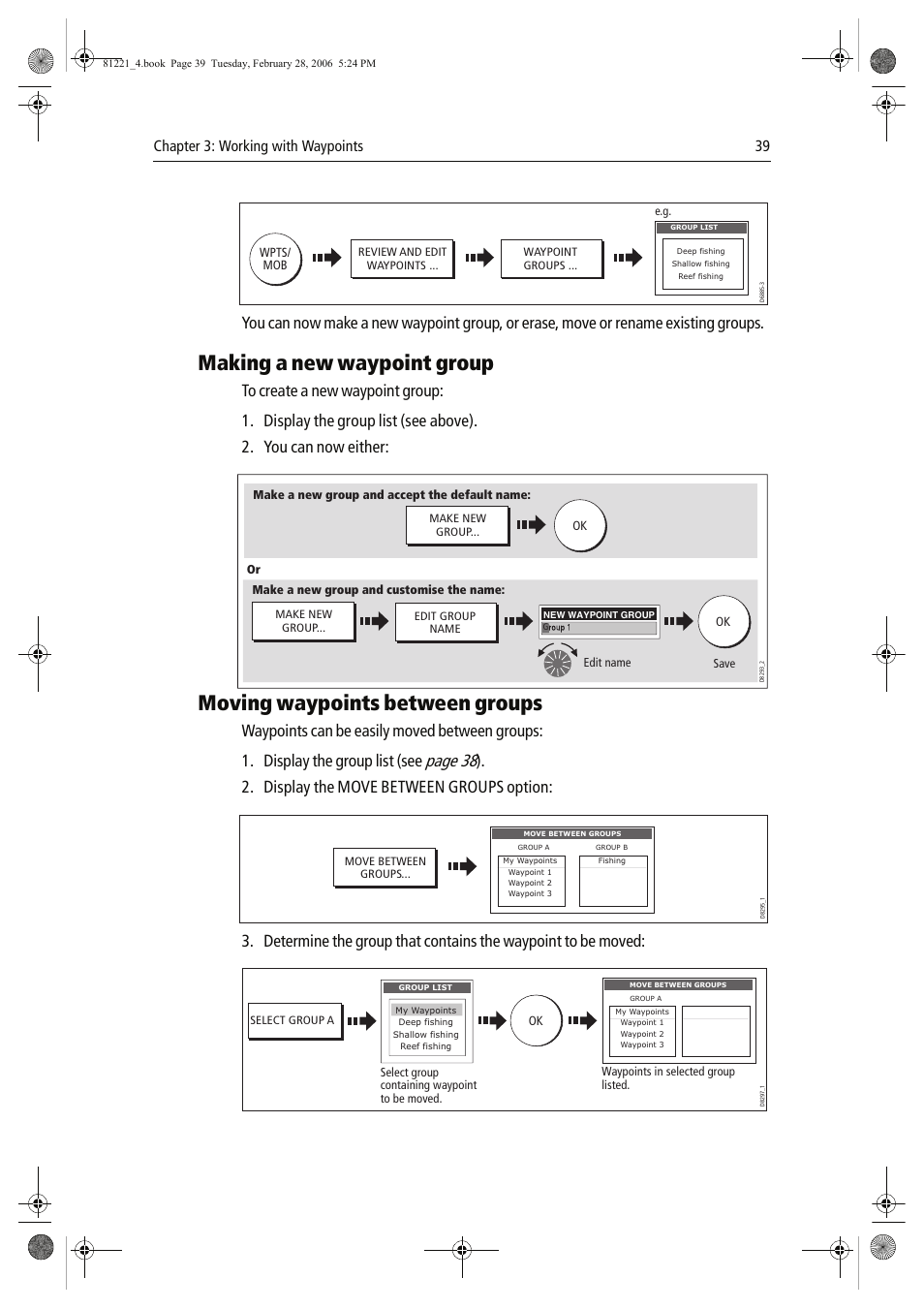 Making a new waypoint group, Moving waypoints between groups, Page 38 | Display the move between groups option, Chapter 3: working with waypoints 39 | Raymarine C Series User Manual | Page 53 / 244