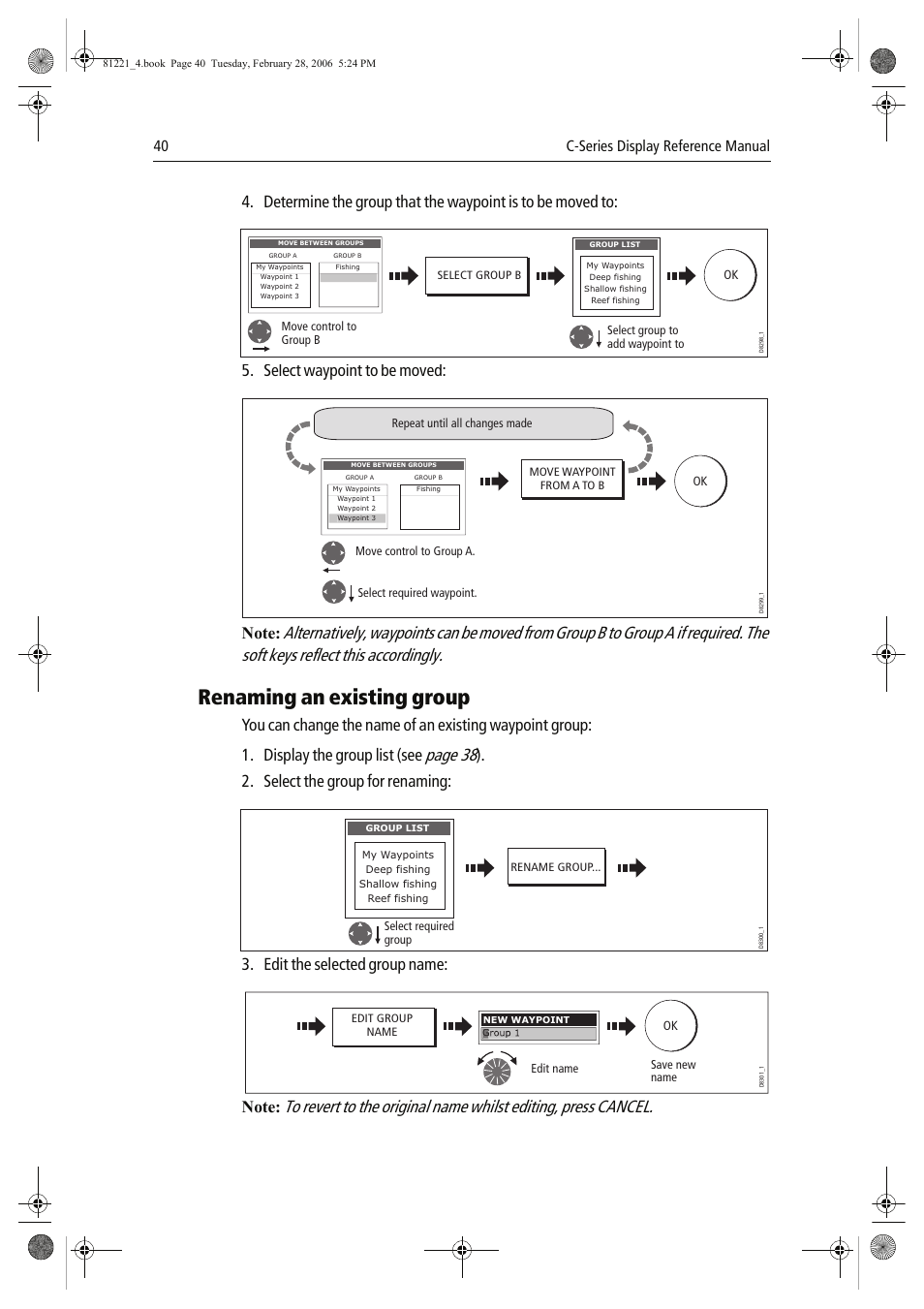 Renaming an existing group, Page 38, Select waypoint to be moved | Select the group for renaming, Edit the selected group name, 40 c-series display reference manual | Raymarine C Series User Manual | Page 54 / 244