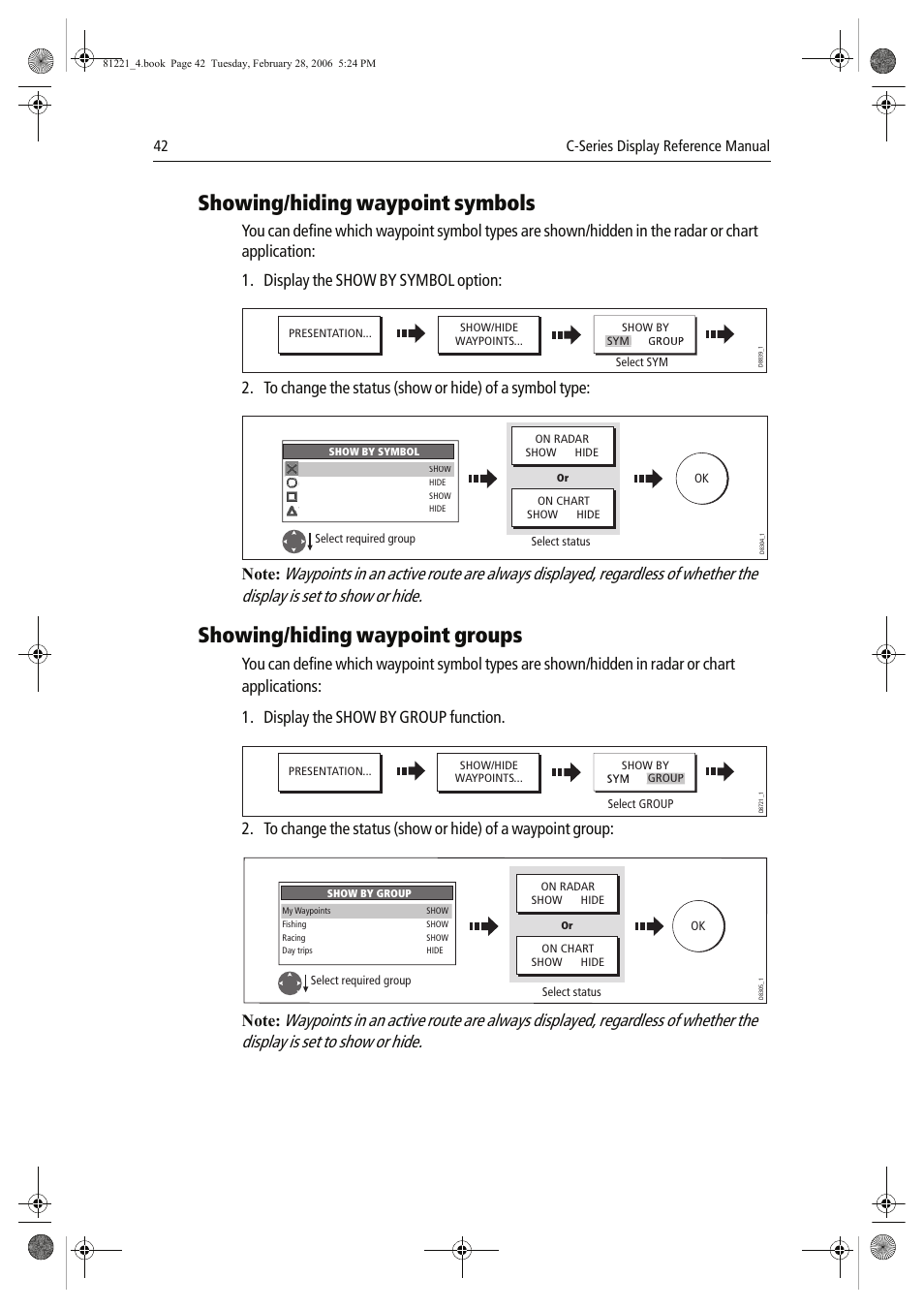 Showing/hiding waypoint symbols, Showing/hiding waypoint groups, 42 c-series display reference manual | Raymarine C Series User Manual | Page 56 / 244