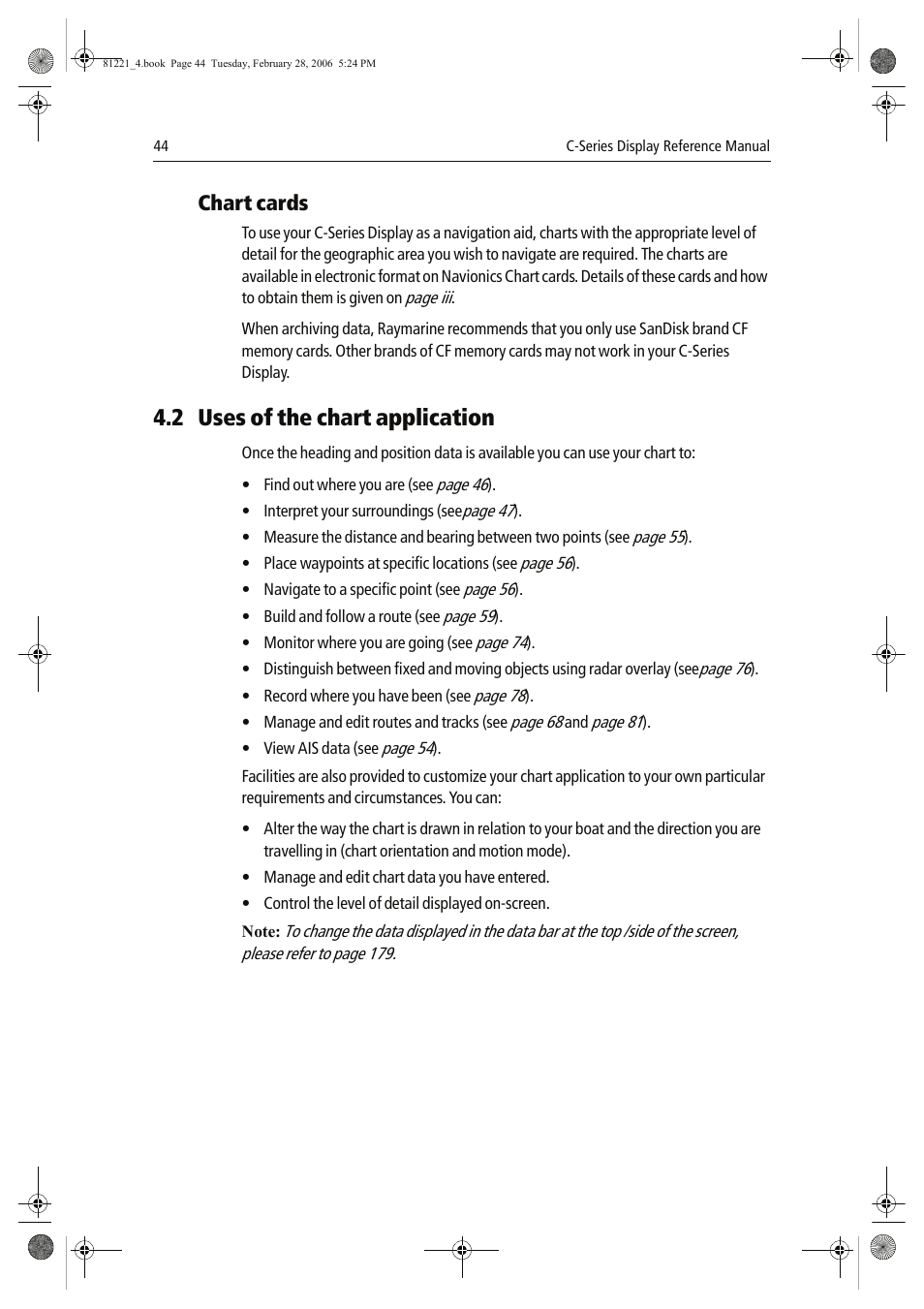 2 uses of the chart application, Chart cards | Raymarine C Series User Manual | Page 58 / 244