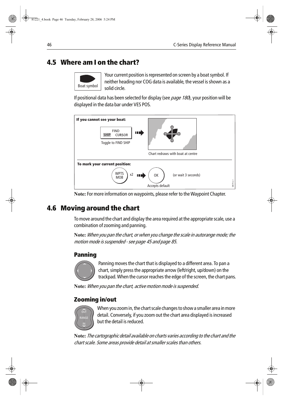 5 where am i on the chart, 6 moving around the chart, Panning | Zooming in/out, Page 180 | Raymarine C Series User Manual | Page 60 / 244