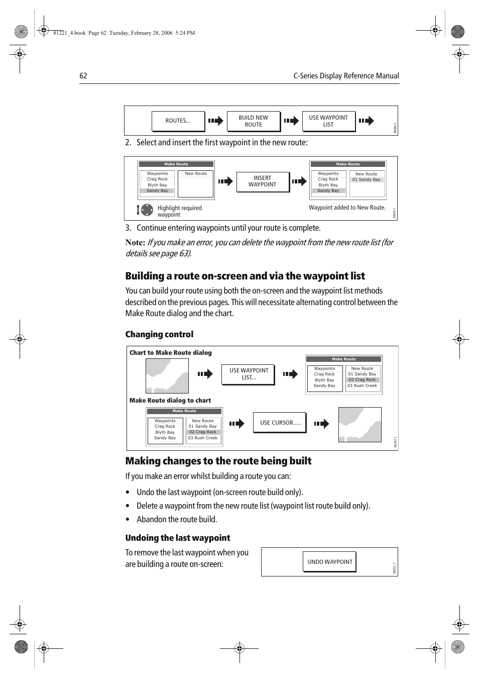 Making changes to the route being built, 62 c-series display reference manual | Raymarine C Series User Manual | Page 76 / 244