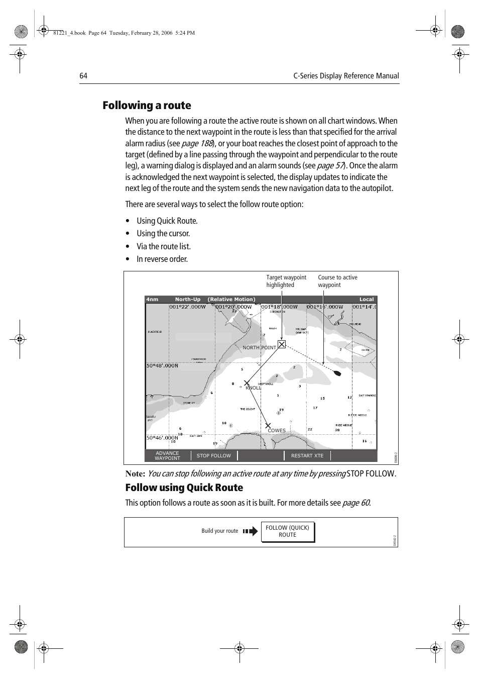 Following a route, Follow using quick route, Page 188 | Page 57, Page 60, Stop follow | Raymarine C Series User Manual | Page 78 / 244