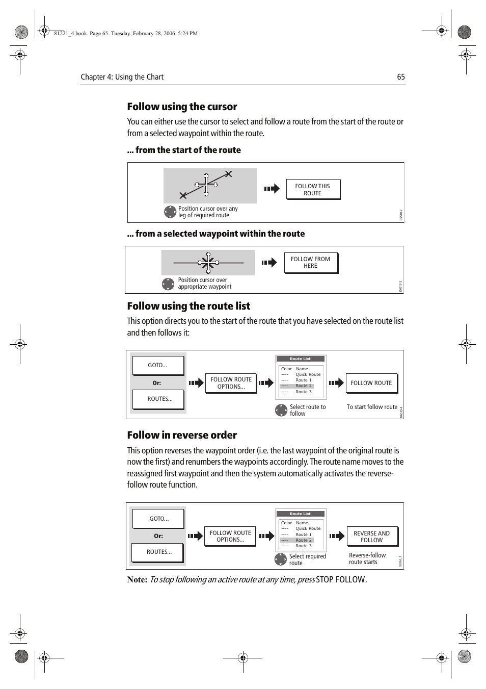 Follow using the cursor, Follow using the route list, Follow in reverse order | Stop follow | Raymarine C Series User Manual | Page 79 / 244