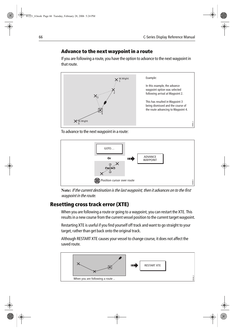 Resetting cross track error (xte), Advance to the next waypoint in a route | Raymarine C Series User Manual | Page 80 / 244