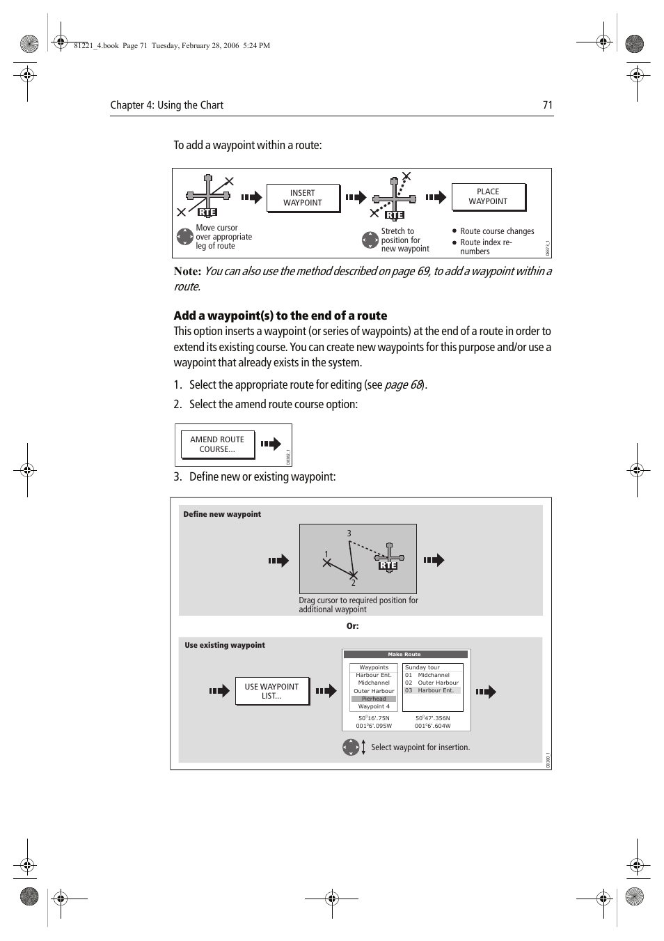 Page 68, Select the amend route course option, Define new or existing waypoint | Chapter 4: using the chart 71 | Raymarine C Series User Manual | Page 85 / 244