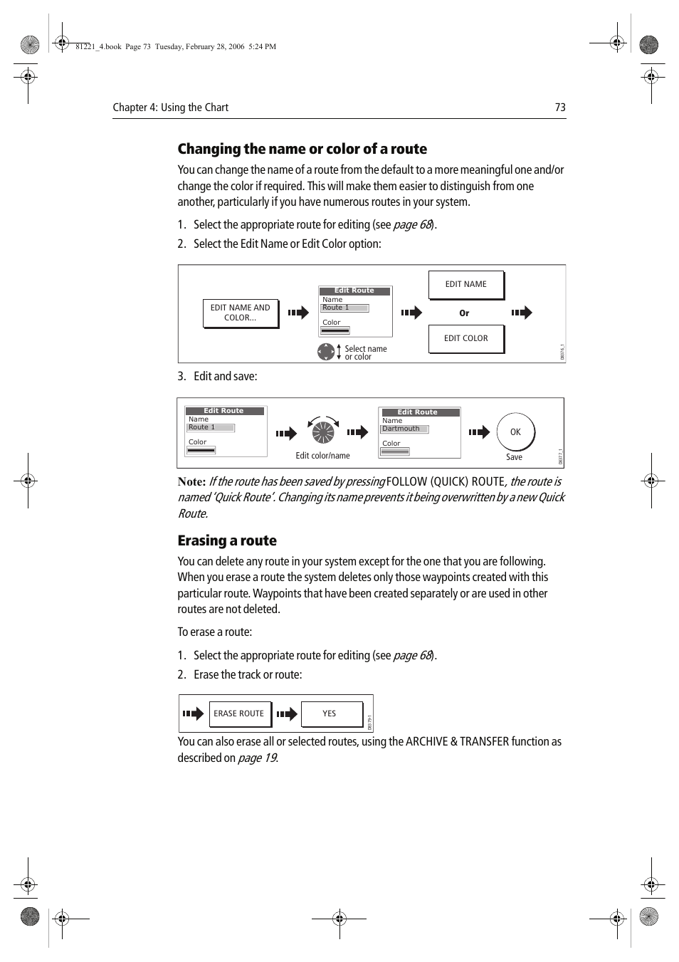 Changing the name or color of a route, Erasing a route, Page 68 | If the route has been saved by pressing, Page 19, Select the edit name or edit color option, Edit and save, Follow (quick) route, Erase the track or route | Raymarine C Series User Manual | Page 87 / 244