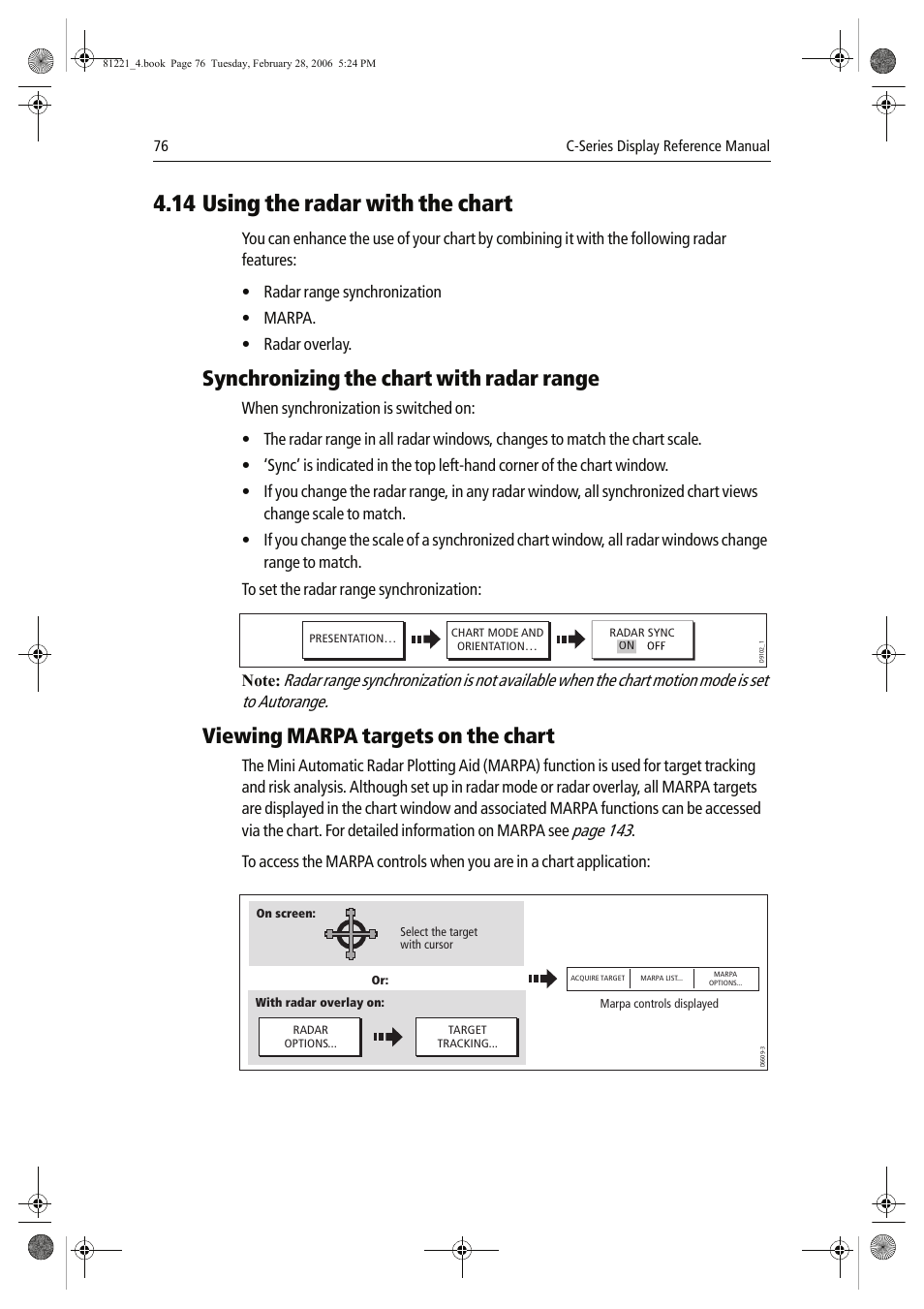 14 using the radar with the chart, Synchronizing the chart with radar range, Viewing marpa targets on the chart | Page 143 | Raymarine C Series User Manual | Page 90 / 244