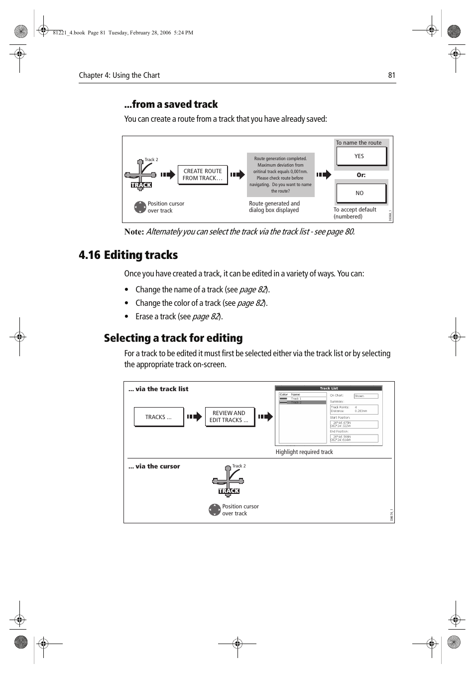 16 editing tracks, Selecting a track for editing, Page 82 | Change the color of a track (see, Erase a track (see | Raymarine C Series User Manual | Page 95 / 244
