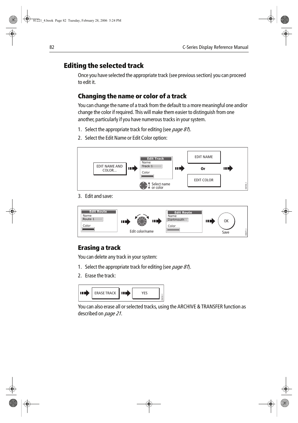Editing the selected track, Changing the name or color of a track, Erasing a track | Page 81, Page 21, Select the edit name or edit color option, Edit and save, Erase the track | Raymarine C Series User Manual | Page 96 / 244