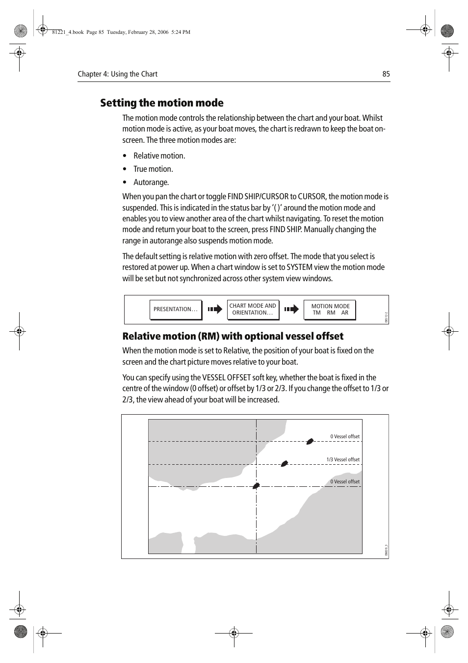 Setting the motion mode, Relative motion (rm) with optional vessel offset | Raymarine C Series User Manual | Page 99 / 244
