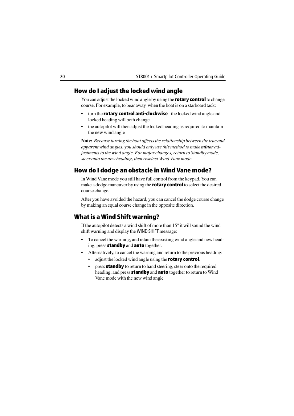 How do i adjust the locked wind angle, How do i dodge an obstacle in wind vane mode, What is a wind shift warning | Raymarine ST8001 User Manual | Page 26 / 48