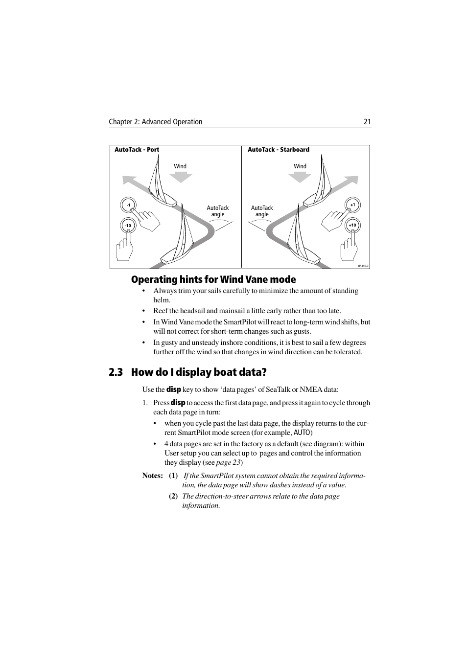 3 how do i display boat data, Operating hints for wind vane mode | Raymarine ST8001 User Manual | Page 27 / 48