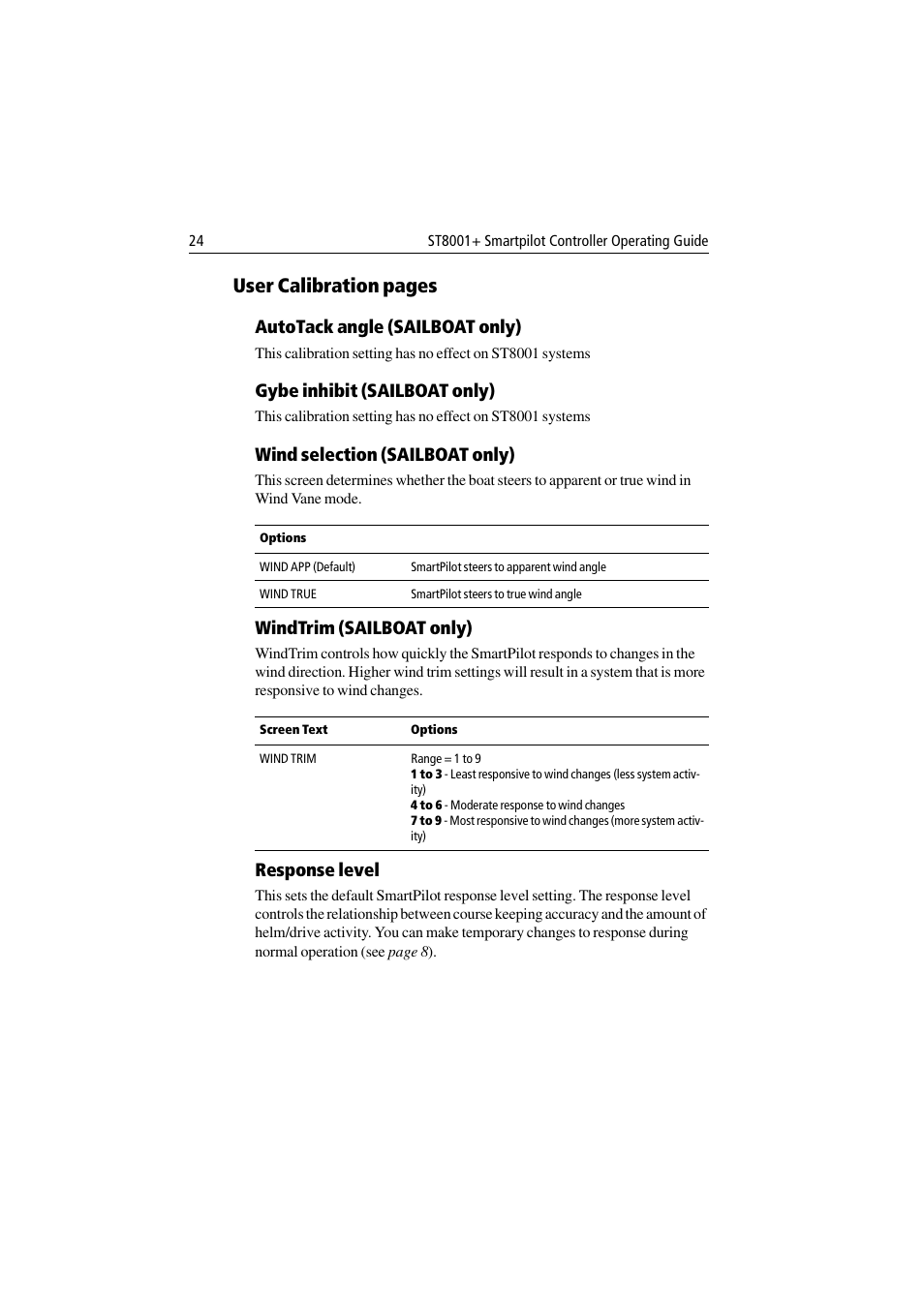 User calibration pages, Autotack angle (sailboat only), Gybe inhibit (sailboat only) | Wind selection (sailboat only), Windtrim (sailboat only), Response level | Raymarine ST8001 User Manual | Page 30 / 48