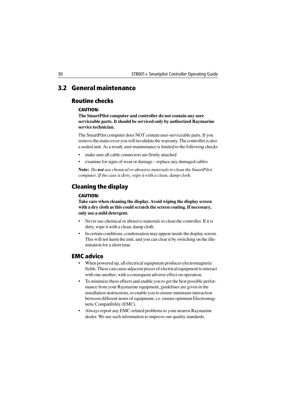 2 general maintenance, Routine checks, Cleaning the display | Emc advice | Raymarine ST8001 User Manual | Page 36 / 48