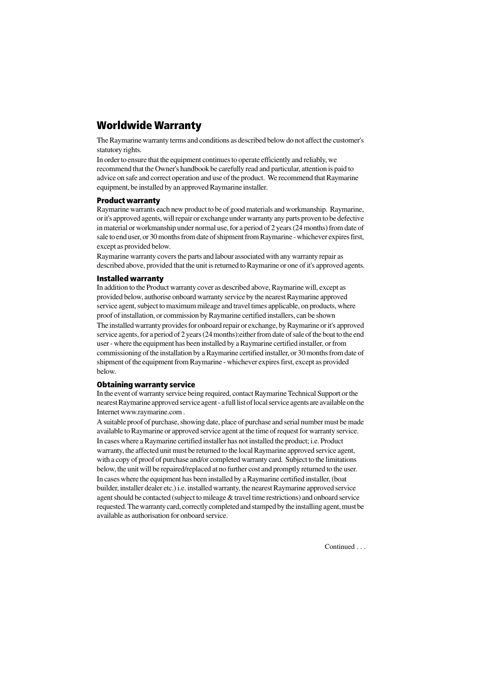 Worldwide warranty | Raymarine ST8001 User Manual | Page 45 / 48