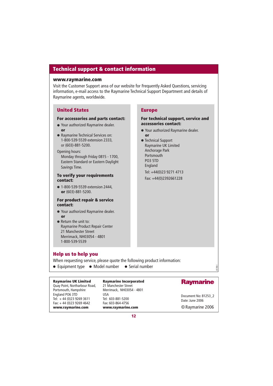 Technical support & contact information | Raymarine E55061 User Manual | Page 12 / 13