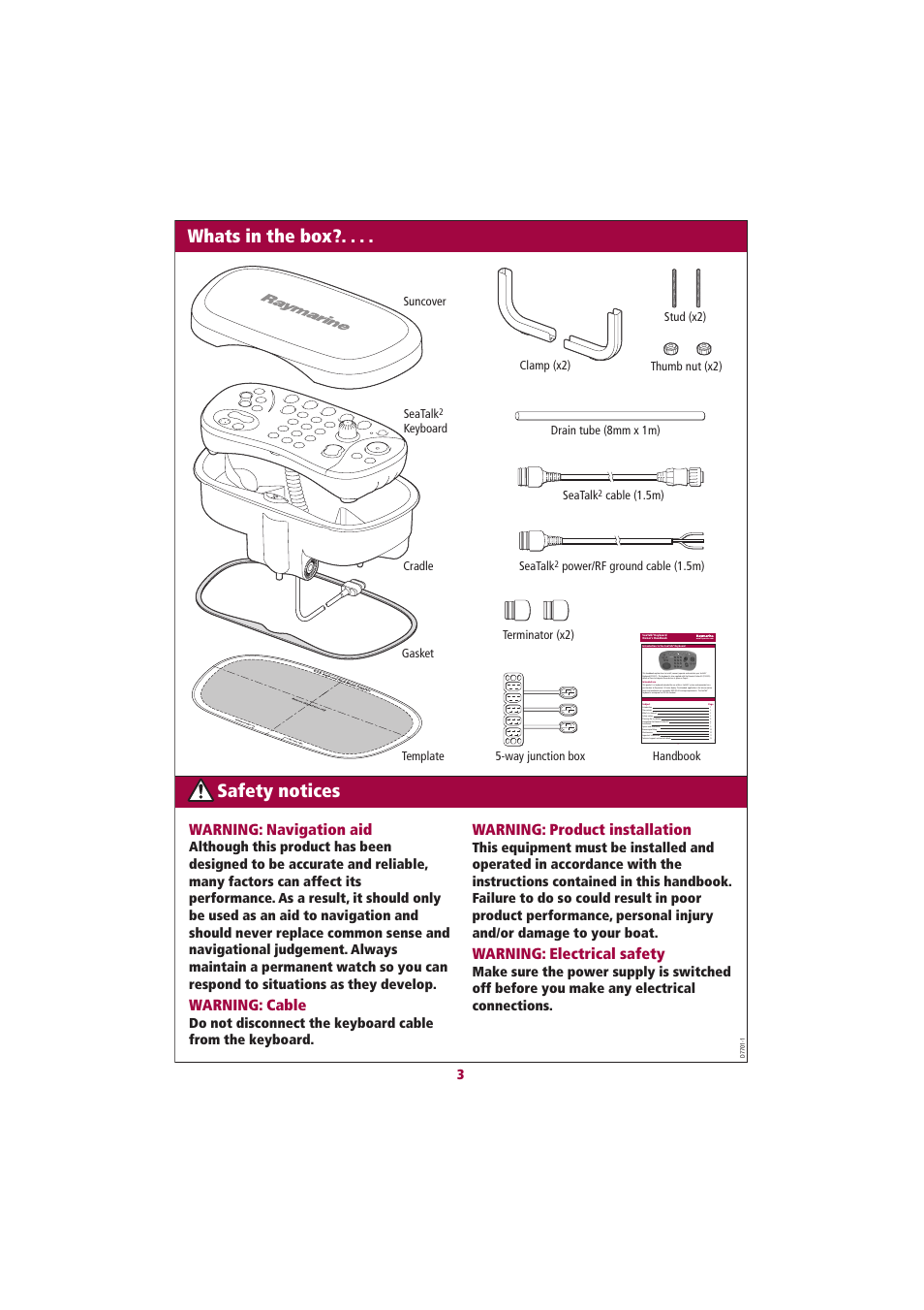 Whats in the box, Safety notices, Warning: navigation aid | Warning: cable, Warning: product installation, Warning: electrical safety | Raymarine E55061 User Manual | Page 3 / 13