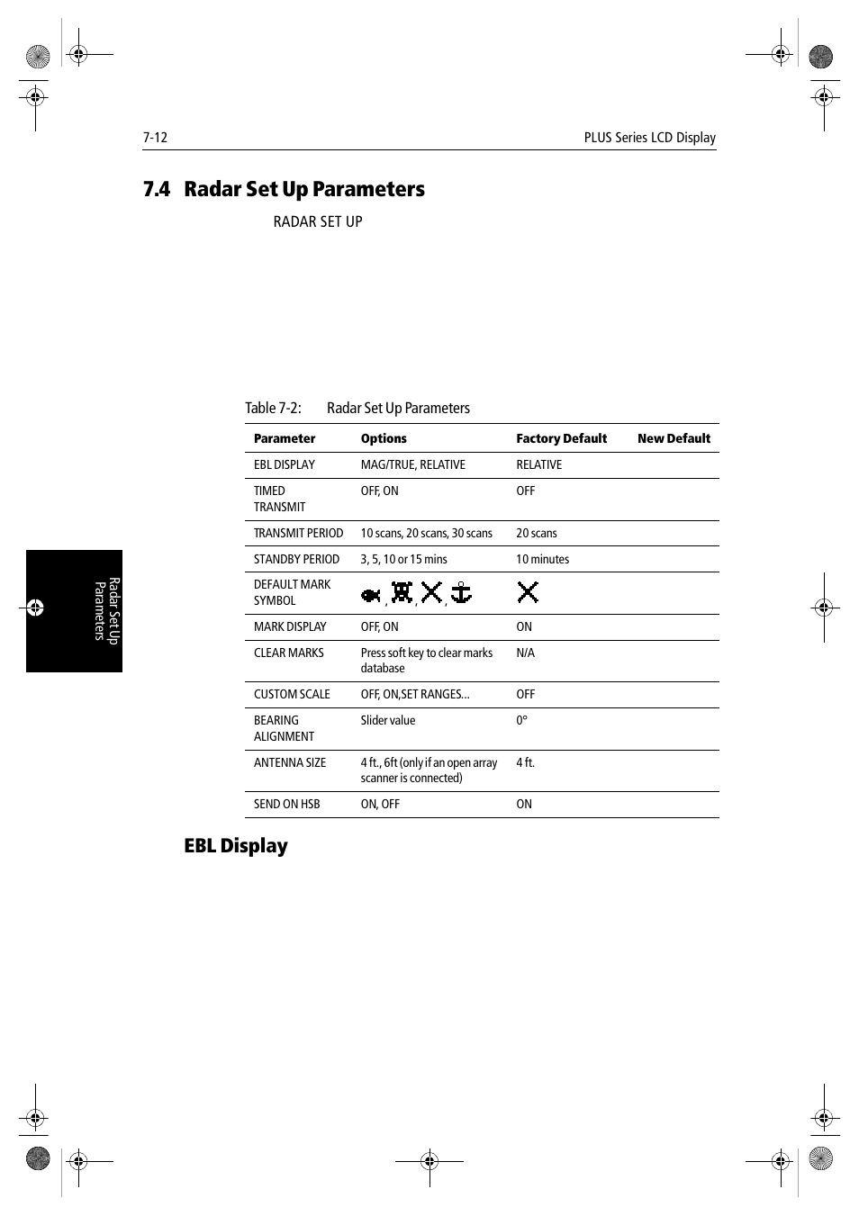 4 radar set up parameters, Ebl display | Raymarine hsb2 PLUS Series User Manual | Page 164 / 246