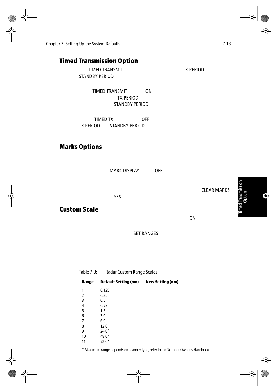 Timed transmission option, Marks options, Custom scale | Raymarine hsb2 PLUS Series User Manual | Page 165 / 246