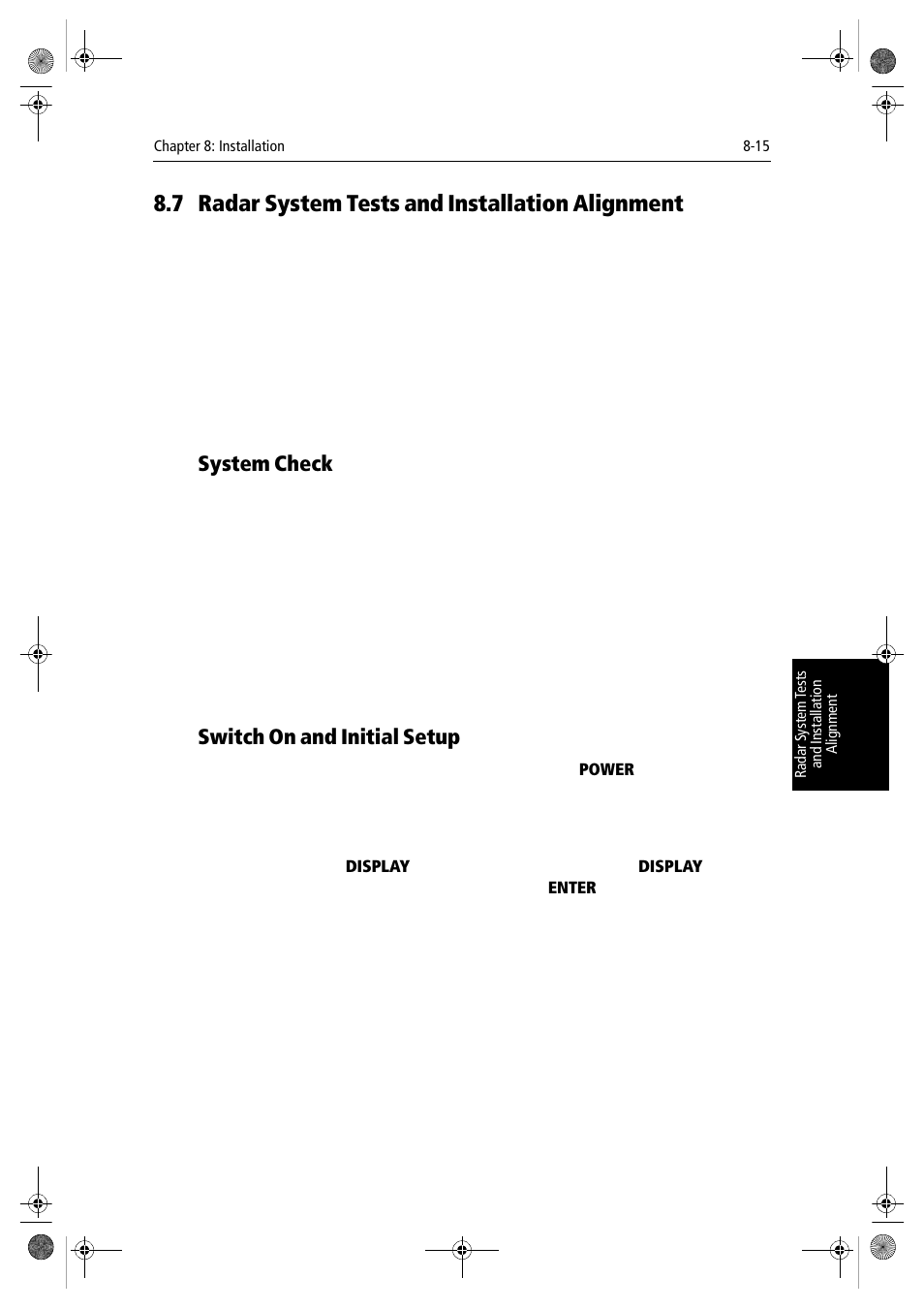 7 radar system tests and installation alignment, System check, Switch on and initial setup | Section 8.7 | Raymarine hsb2 PLUS Series User Manual | Page 189 / 246