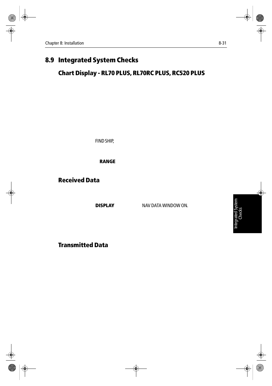 9 integrated system checks, Chart display - rl70 plus, rl70rc plus, rc520 plus, Received data | Transmitted data, Section 8.9 | Raymarine hsb2 PLUS Series User Manual | Page 205 / 246