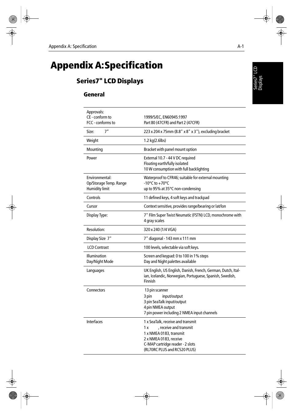 Appendix a: specification, Hsb2 series7" lcd displays, General | Appendix a:specification, Series7" lcd displays | Raymarine hsb2 PLUS Series User Manual | Page 213 / 246