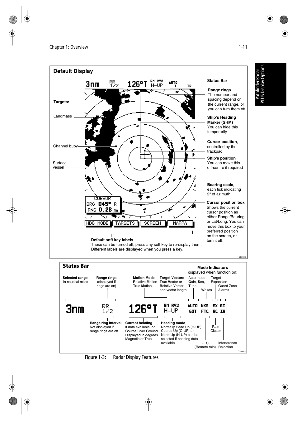 3nm 126°t, 126°t, 3 n m | Figure 1-3: radar display features, Default display, Status bar | Raymarine hsb2 PLUS Series User Manual | Page 23 / 246