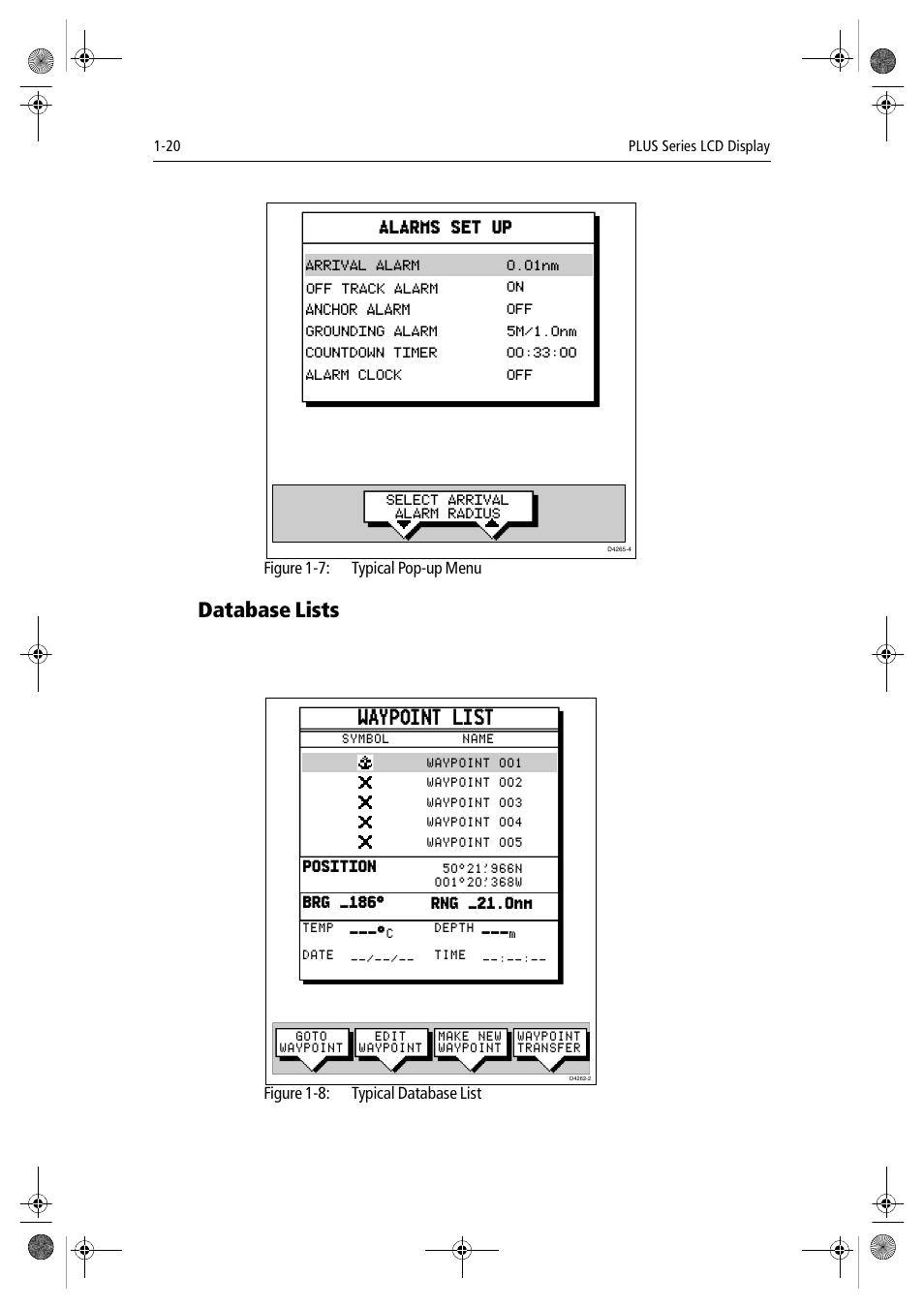 Database lists, Waypoint list, Figure 1-7: typical pop-up menu | Alarms set up | Raymarine hsb2 PLUS Series User Manual | Page 32 / 246