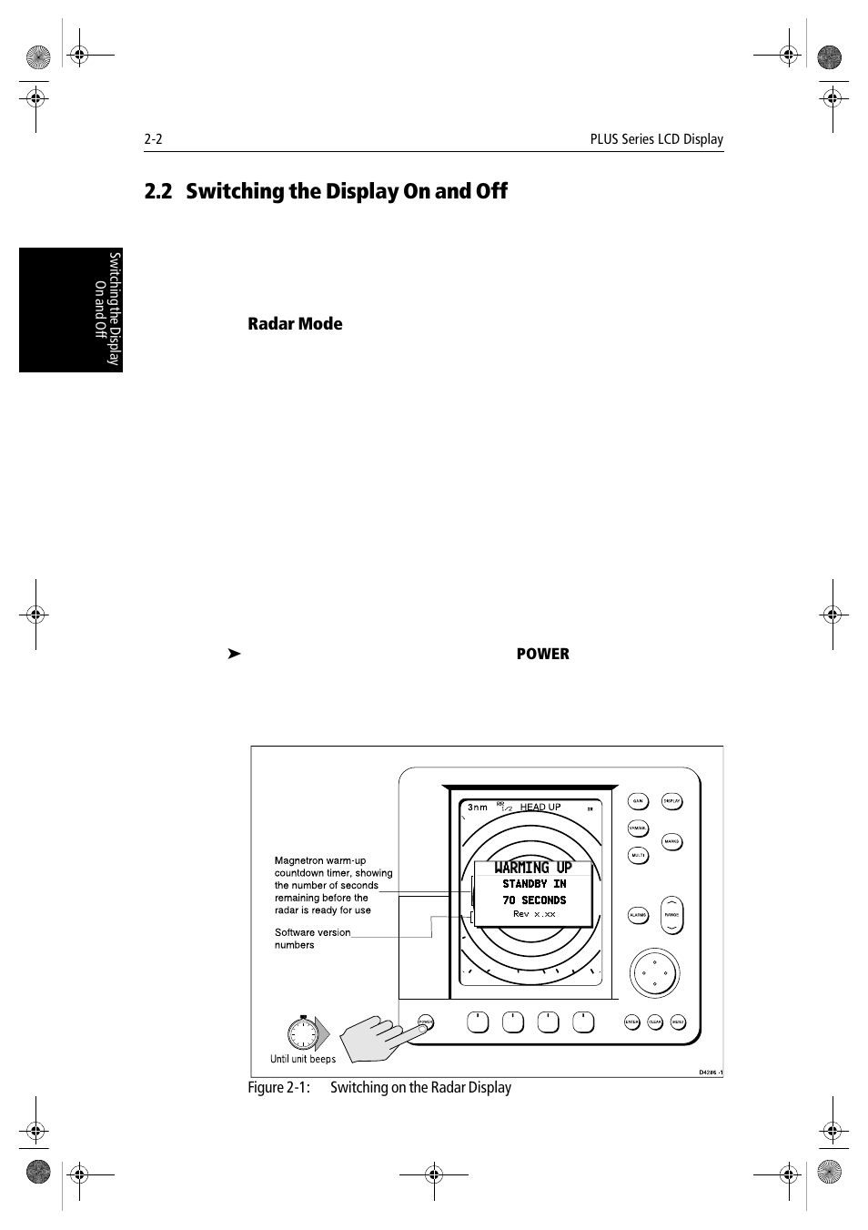 2 switching the display on and off, Radar mode, Section 2.2 | Raymarine hsb2 PLUS Series User Manual | Page 34 / 246