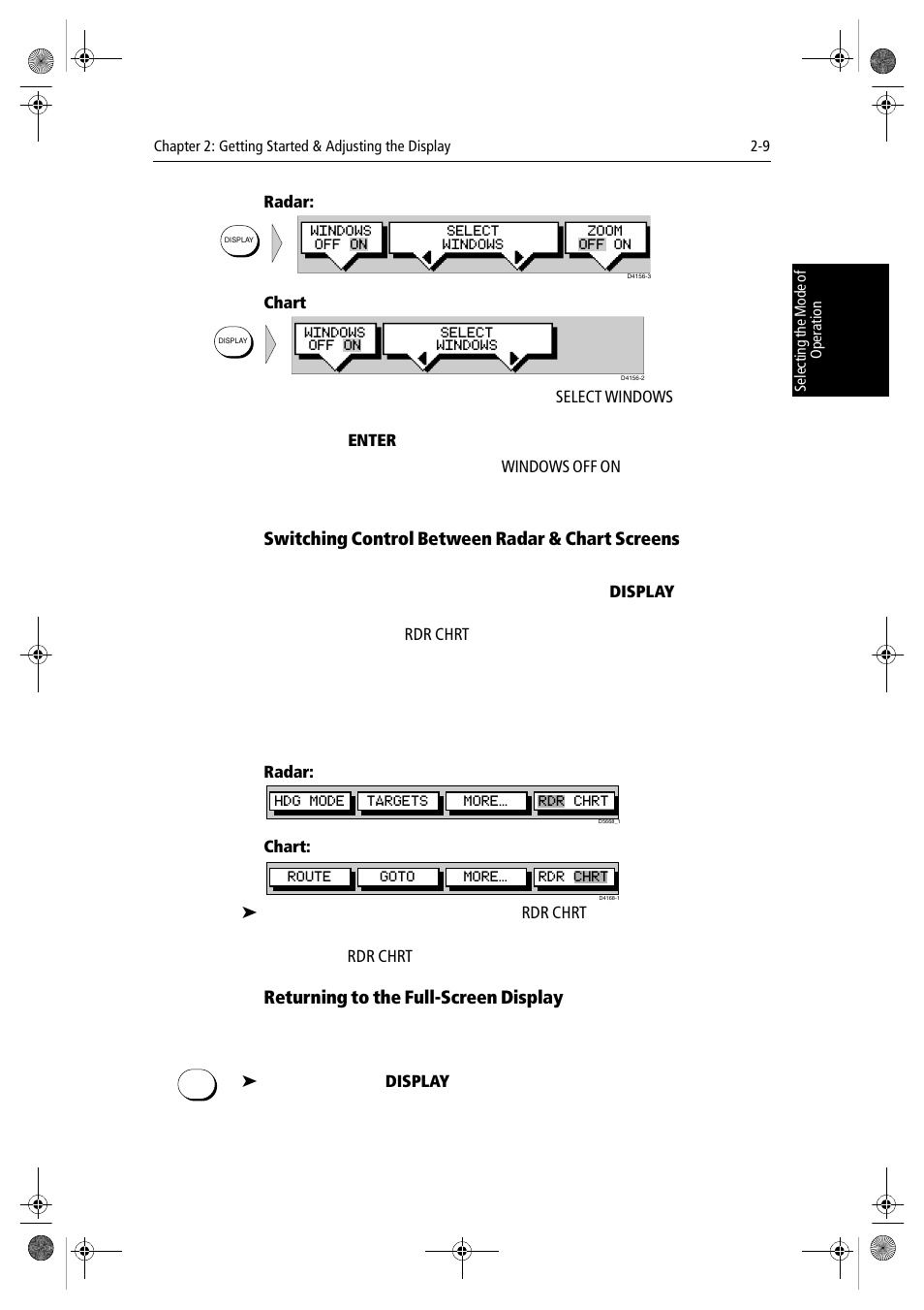 Radar, Chart, Switching control between radar & chart screens | Returning to the full-screen display | Raymarine hsb2 PLUS Series User Manual | Page 41 / 246