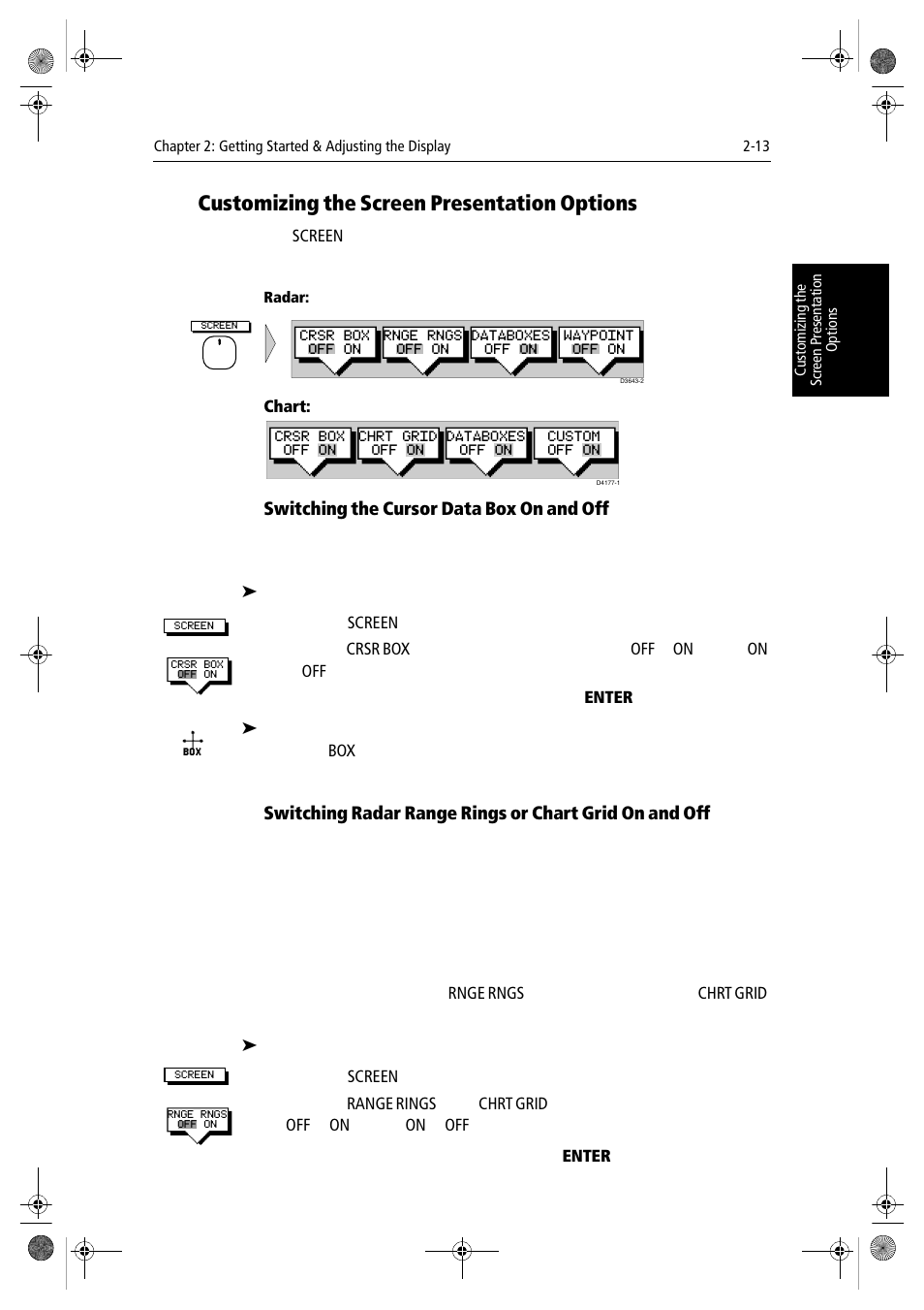 Customizing the screen presentation options, Radar, Chart | Switching the cursor data box on and off | Raymarine hsb2 PLUS Series User Manual | Page 45 / 246