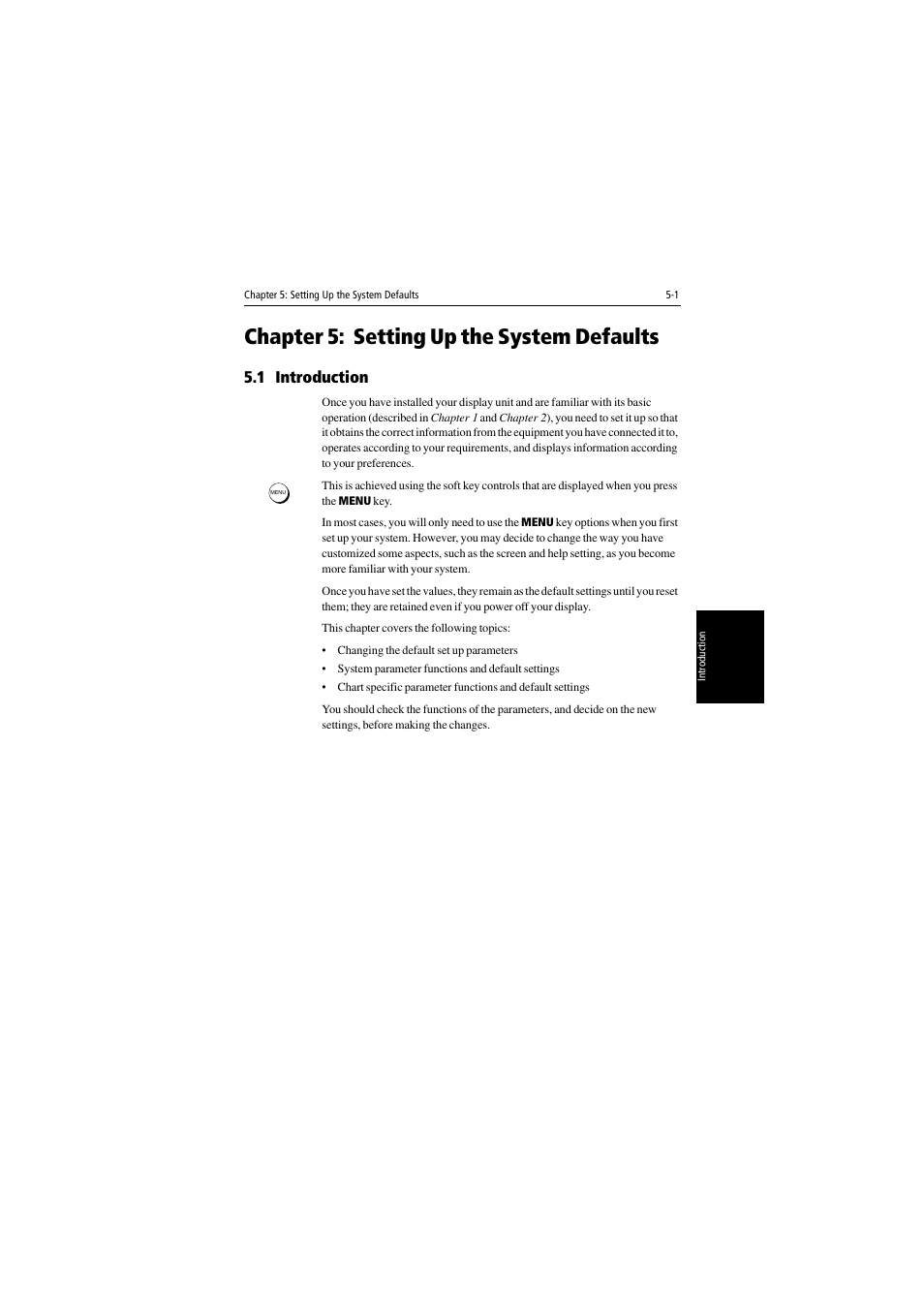 Chapter 5: setting up the system defaults, 1 introduction, Chapter 5 | Setting up the system defaults, Chapter 5 ) | Raymarine 530 User Manual | Page 103 / 170