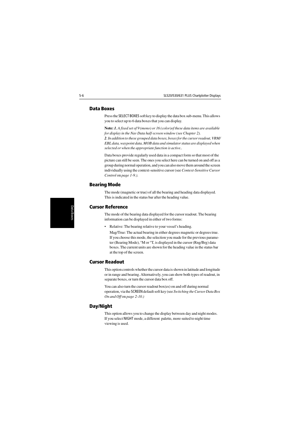 Data boxes, Bearing mode, Cursor reference | Cursor readout, Day/night | Raymarine 530 User Manual | Page 108 / 170