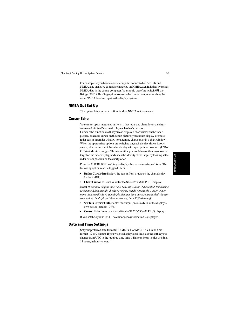 Nmea out set up, Cursor echo, Date and time settings | Raymarine 530 User Manual | Page 111 / 170