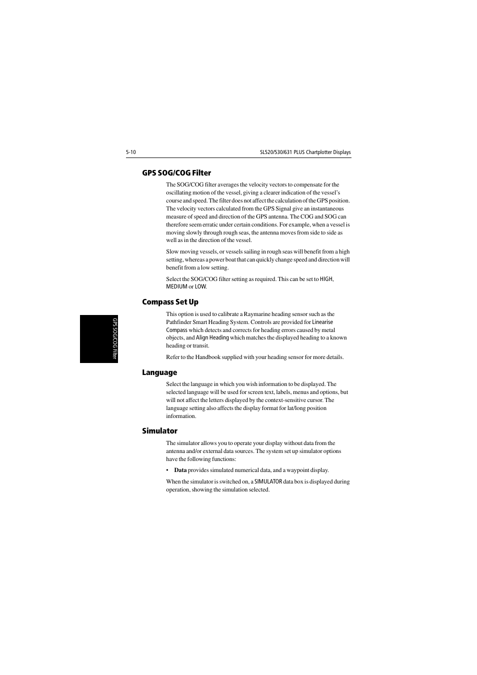 Gps sog/cog filter, Compass set up, Language | Simulator | Raymarine 530 User Manual | Page 112 / 170