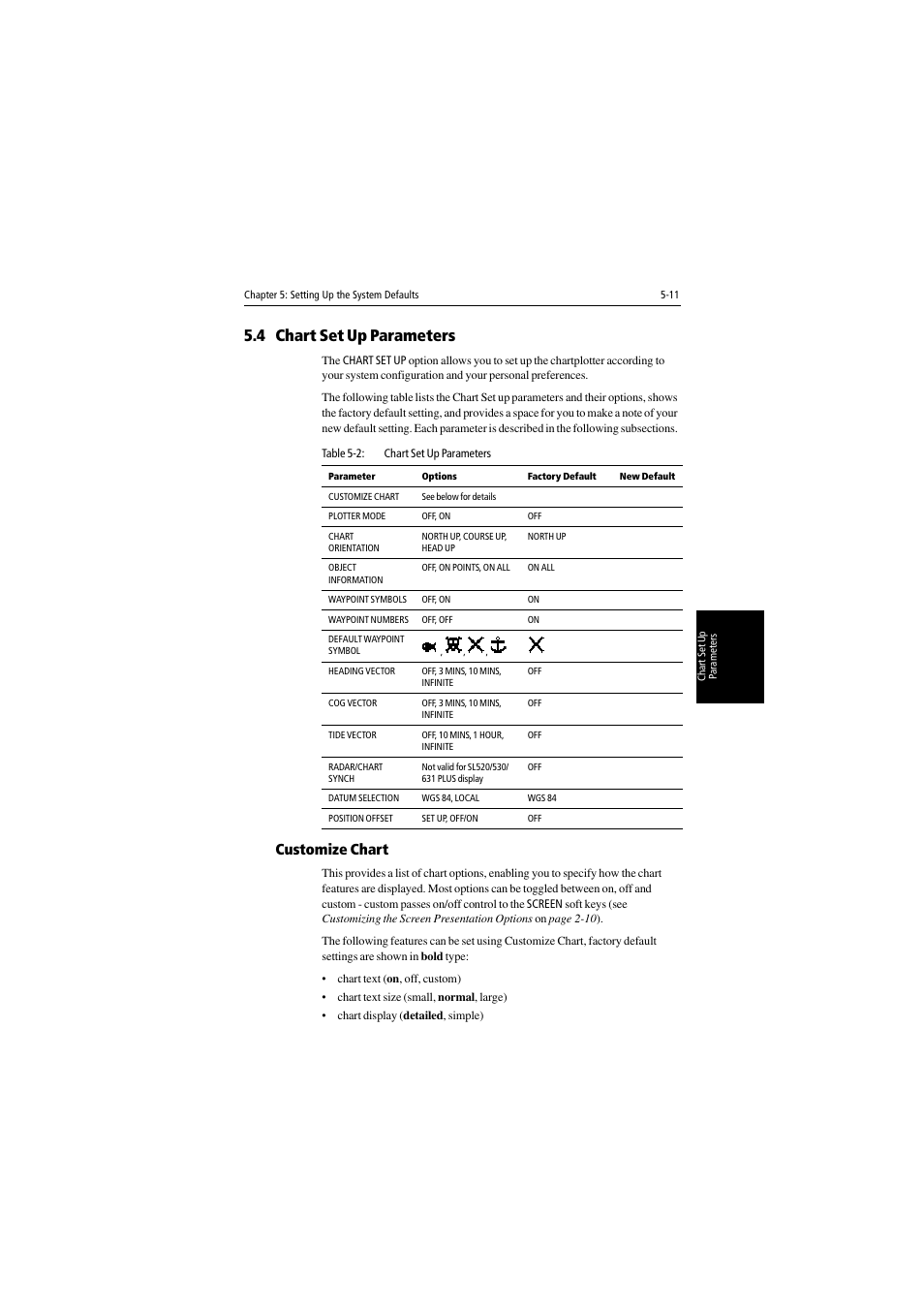 4 chart set up parameters, Customize chart | Raymarine 530 User Manual | Page 113 / 170