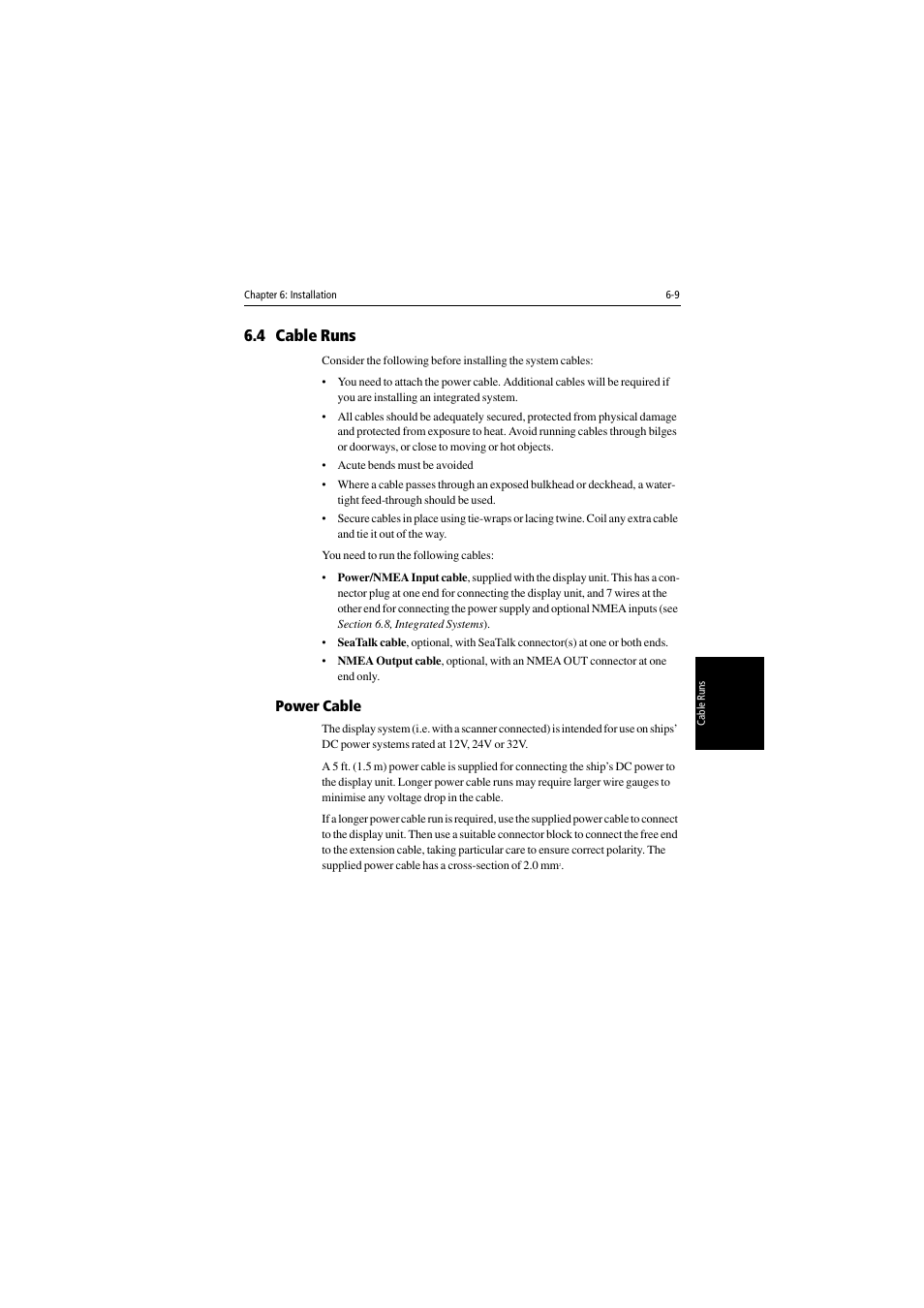 4 cable runs, Power cable, Section 6.4 | Raymarine 530 User Manual | Page 125 / 170
