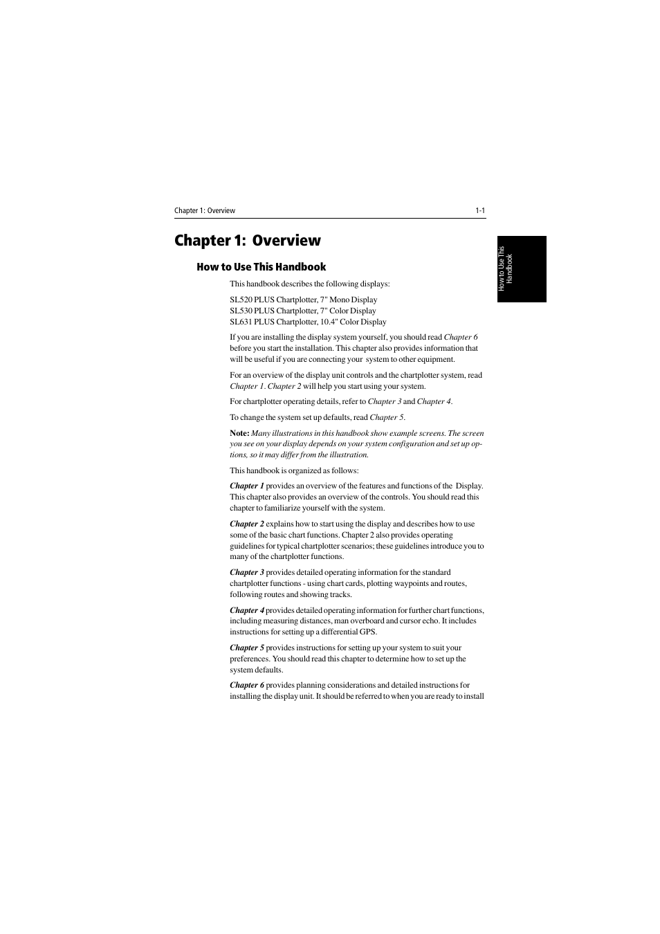 Chapter 1: overview, How to use this handbook, Chapter 1 | Overview | Raymarine 530 User Manual | Page 13 / 170
