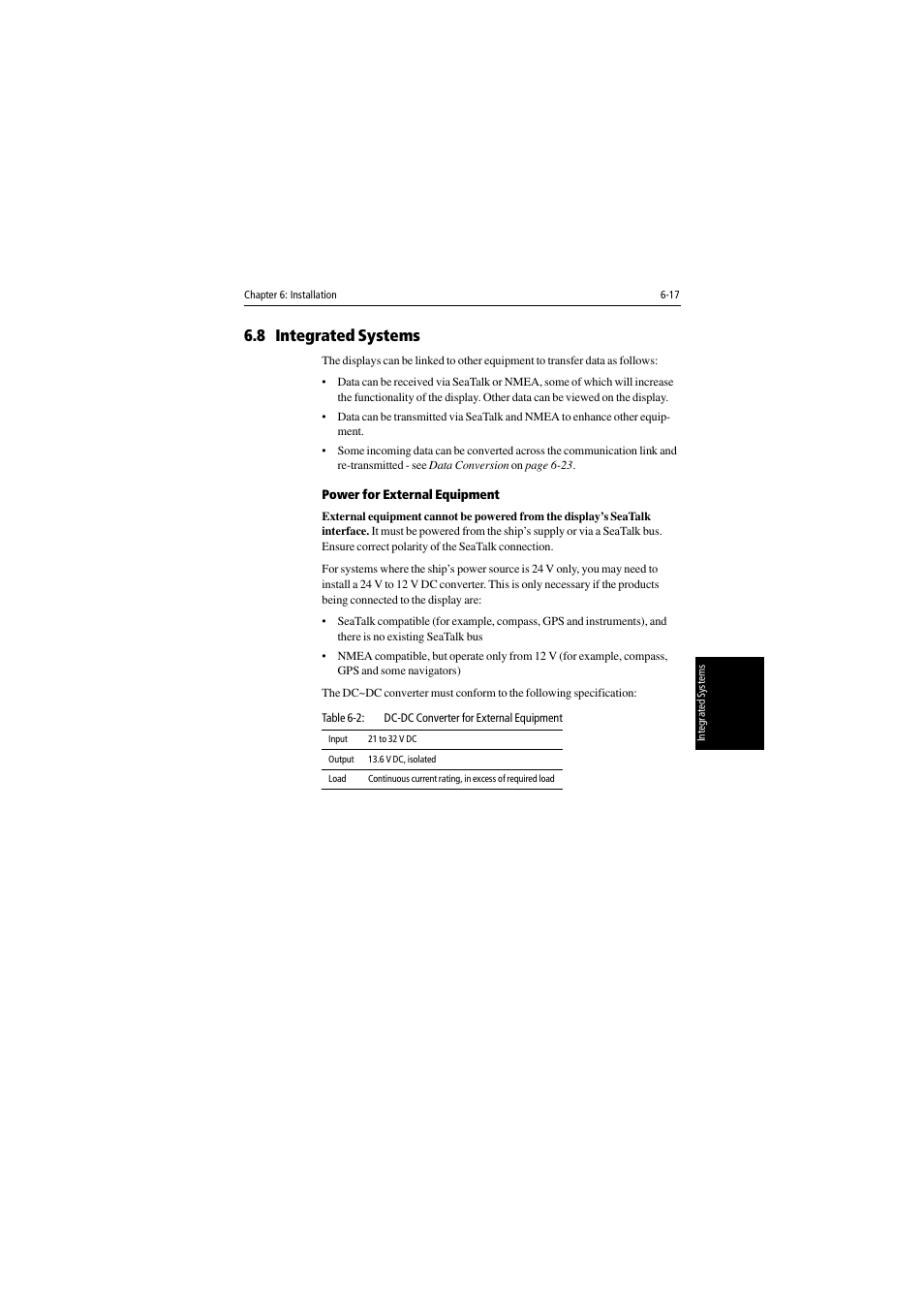 8 integrated systems, Power for external equipment, Section 6.8 | Raymarine 530 User Manual | Page 133 / 170