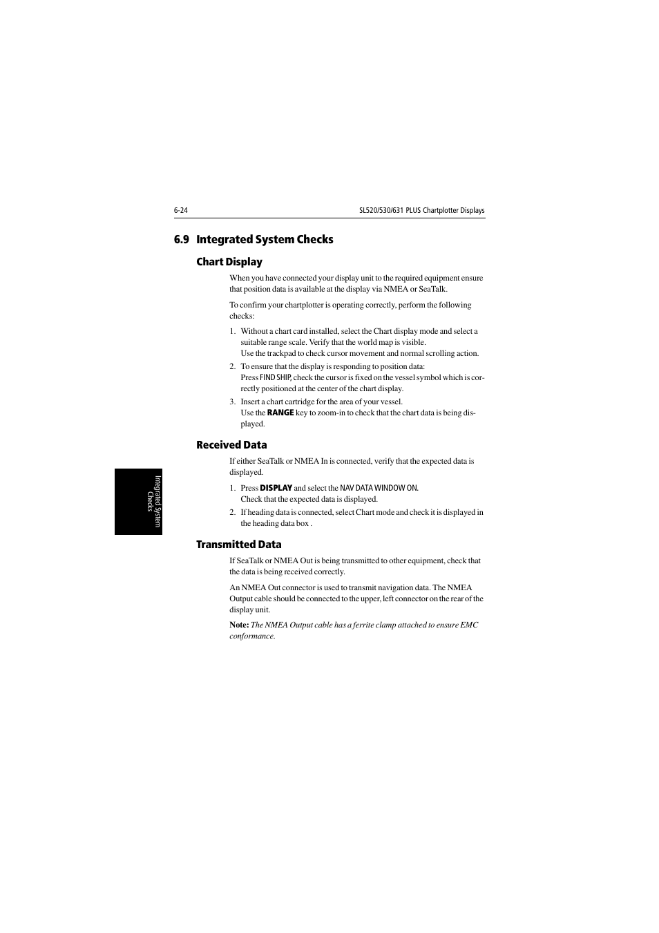 9 integrated system checks, Chart display, Received data | Transmitted data, Section 6.9 | Raymarine 530 User Manual | Page 140 / 170