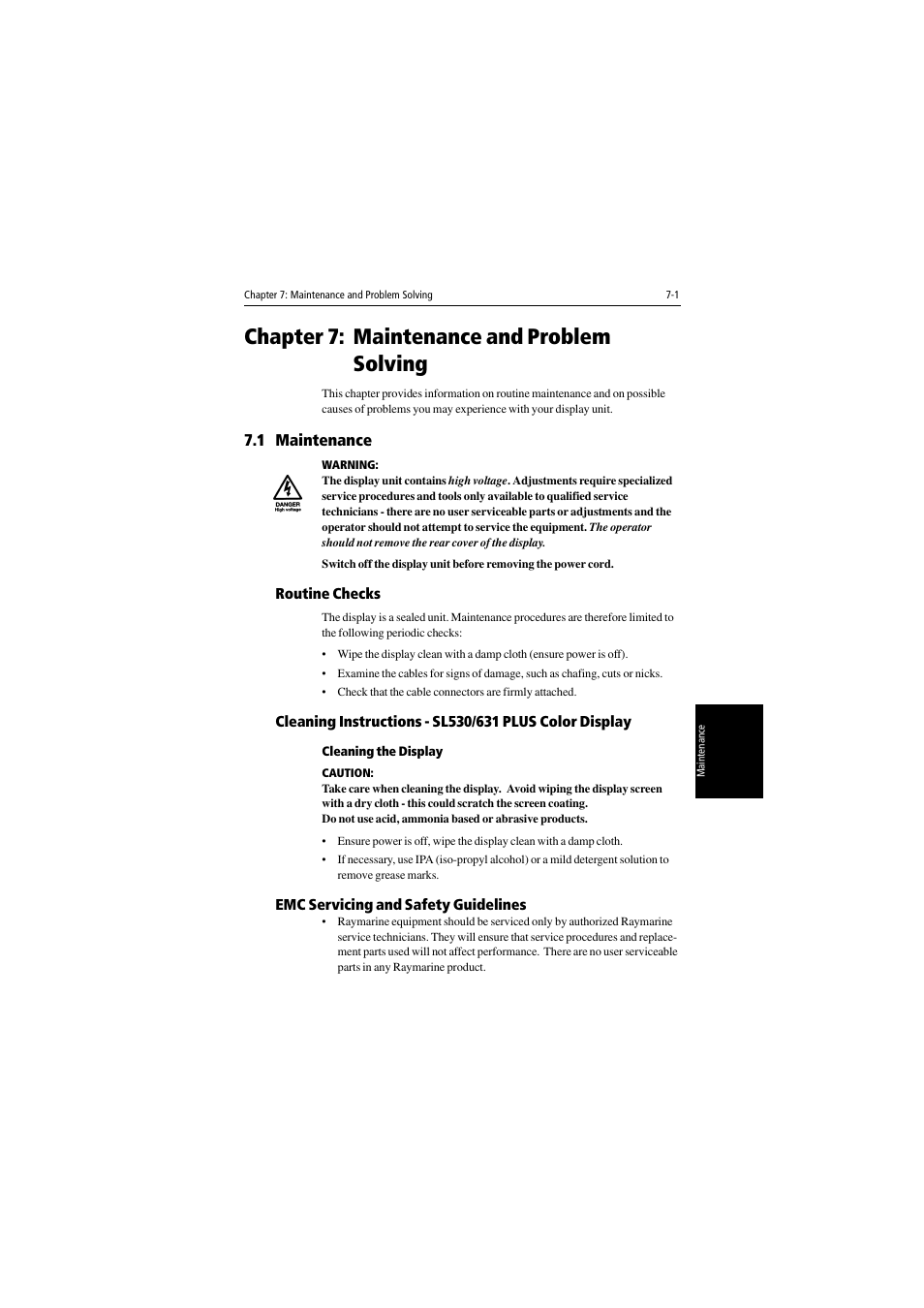 Chapter 7: maintenance and problem solving, 1 maintenance, Routine checks | Cleaning the display, Emc servicing and safety guidelines, Chapter 7, Maintenance and problem solving | Raymarine 530 User Manual | Page 141 / 170