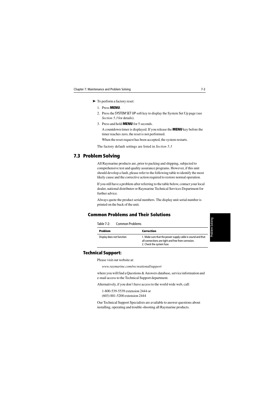 3 problem solving, Technical support | Raymarine 530 User Manual | Page 143 / 170