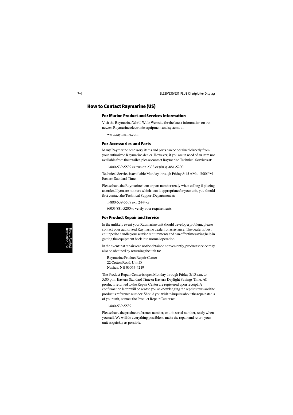 How to contact raymarine (us), For marine product and services information, For product repair and service | Raymarine 530 User Manual | Page 144 / 170