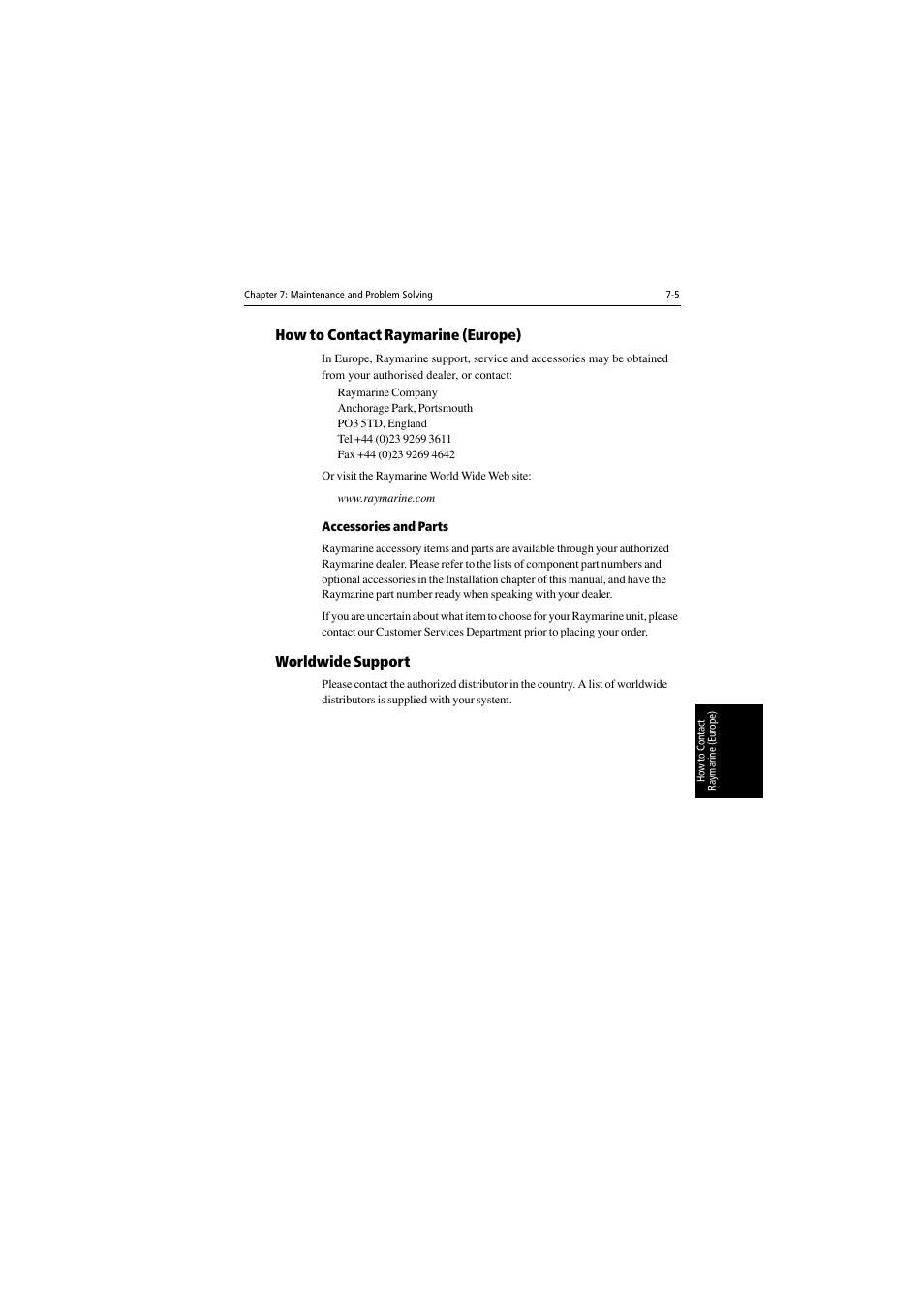 How to contact raymarine (europe), Accessories and parts, Worldwide support | Raymarine 530 User Manual | Page 145 / 170