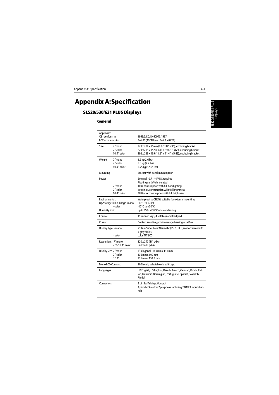 Appendix a: specification, Sl520/530/631 plus displays, General | Appendix a, Appendix a:specification | Raymarine 530 User Manual | Page 147 / 170