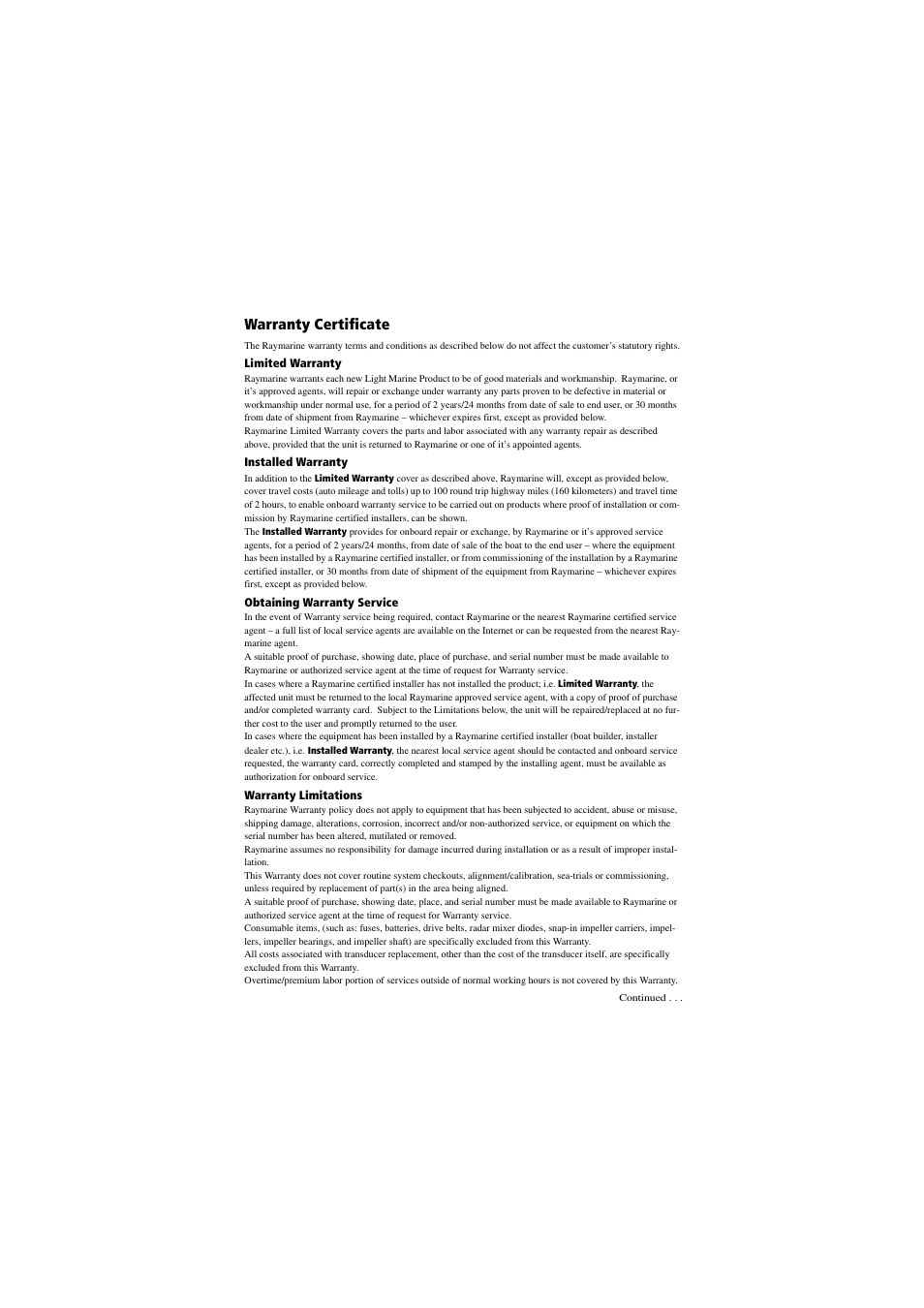 Warranty certificate | Raymarine 530 User Manual | Page 167 / 170