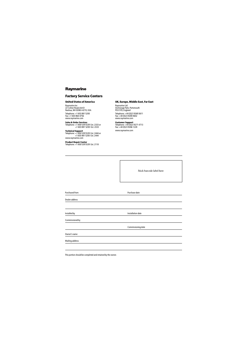 Factory service centers | Raymarine 530 User Manual | Page 169 / 170